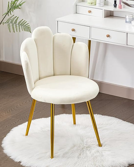 Vanity Chair for Makeup Room - Midcentury Modern Accent Chair for Living Room Bedroom, Makeup Chair with Back Support Velvet Chair with Gold Legs (Cream) - LeafyLoom
