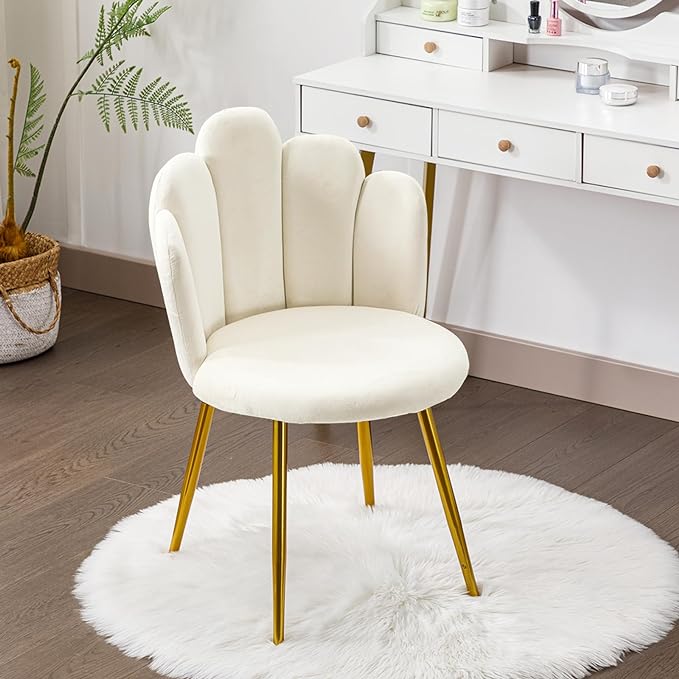 Vanity Chair for Makeup Room - Midcentury Modern Accent Chair for Living Room Bedroom, Makeup Chair with Back Support Velvet Chair with Gold Legs (Cream) - LeafyLoom