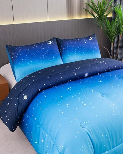 NINENINE Blue Galaxy Comforter Set Queen Size for Teen Kids Girls,Space Bedding Sets Printed with 1 Comforter 2Pillowcases - LeafyLoom