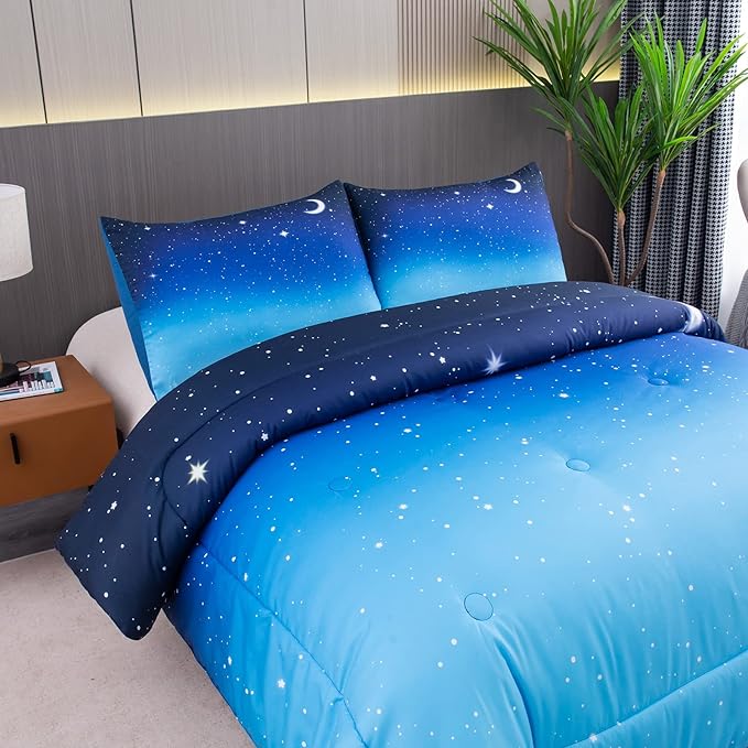 NINENINE Blue Galaxy Comforter Set Queen Size for Teen Kids Girls,Space Bedding Sets Printed with 1 Comforter 2Pillowcases - LeafyLoom