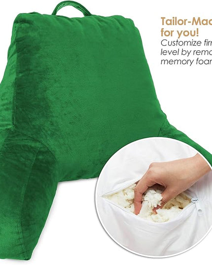 Clara Clark Reading Pillow, Standard Back Pillow for Sitting Up in Bed, Memory Foam Back Support Pillow, Reading Pillows for Sitting in Bed, Green Sit Up Pillow for Bed Chair Arm Pillow with Pockets - LeafyLoom