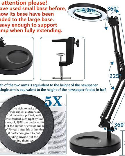 HITTI 【Upgraded】 5X LED Magnifying Lamp, 1,800 Lumens Stepless Dimmable, 3 Color Modes, 8-Diopter 4.2″ Real Glass Lens Magnifier Desk lamp, Magnifying Light and Stand for Crafts Reading Close Work - LeafyLoom