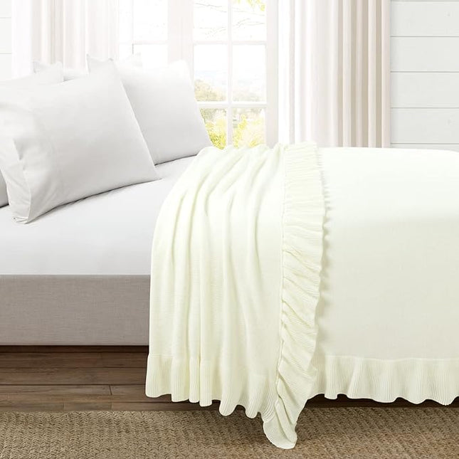 Lush Decor Reyna Soft Knitted Ruffle Throw Blanket, 88" W x 88" L, Light Gray - Ruffled Bedding - Knit Blanket - Cozy Oversized Blanket For Bed or Couch - Vintage, Minimalist & Cottage Home Decor - LeafyLoom