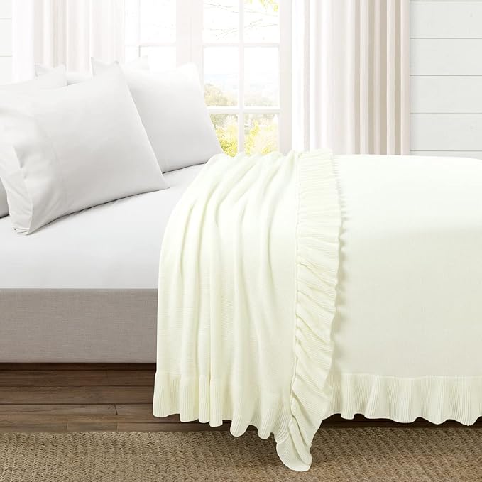 Lush Decor Reyna Soft Knitted Ruffle Throw Blanket, 88" W x 88" L, Light Gray - Ruffled Bedding - Knit Blanket - Cozy Oversized Blanket For Bed or Couch - Vintage, Minimalist & Cottage Home Decor - LeafyLoom