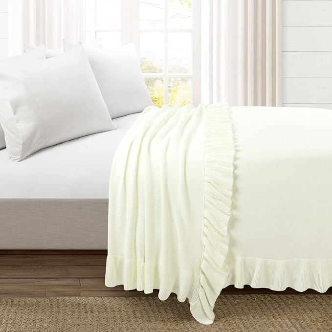 Lush Decor Reyna Soft Knitted Ruffle Throw Blanket, 88" W x 88" L, White - Classic Ruffled Bedding - Knit Blanket - Cozy Oversized Blanket For Bed or Couch - Vintage, Minimalist & Cottage Home Decor - LeafyLoom