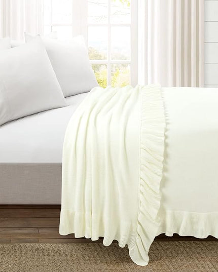 Lush Decor Reyna Soft Knitted Ruffle Throw Blanket, 88" W x 88" L, Light Gray - Ruffled Bedding - Knit Blanket - Cozy Oversized Blanket For Bed or Couch - Vintage, Minimalist & Cottage Home Decor - LeafyLoom