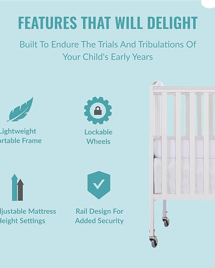 Folding Full Size Convenience Crib In White, Two Adjustable Mattress Height Positions, Comes With Heavy Duty Locking Wheels, Flat Folding Crib - LeafyLoom
