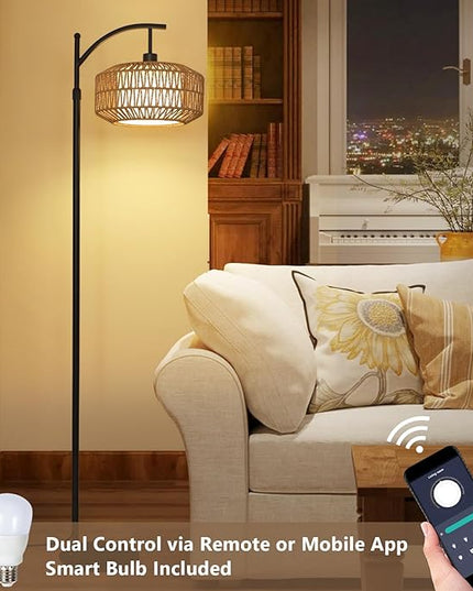 Arc Floor Lamps for Living Room, Dimmable Rattan Floor Lamp with Remote & LED Bulb, Mid Century Modern Standing Lamp with Double Shades, Boho Farmhouse Tall Pole Lamps for Bedroom Office - LeafyLoom