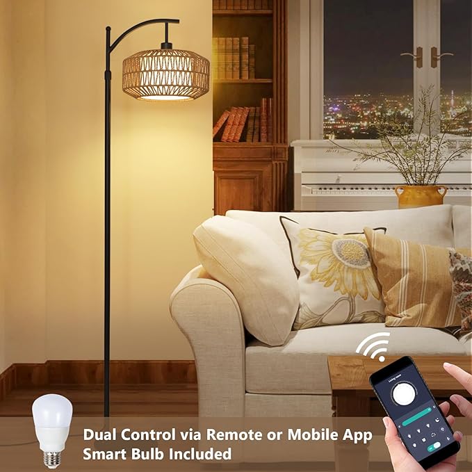 Arc Floor Lamps for Living Room, Dimmable Rattan Floor Lamp with Remote & LED Bulb, Mid Century Modern Standing Lamp with Double Shades, Boho Farmhouse Tall Pole Lamps for Bedroom Office - LeafyLoom