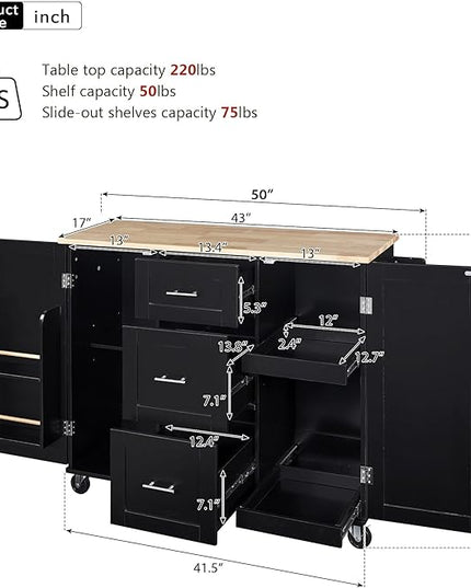 Kitchen Island with Storage, Spice Rack & Tower Rack, Mobile Rolling Kitchen-Cart on Wheels w/Rubber Wood Top, 3 Drawer, 2 Slide-Out Shelf and Internal Storage Rack - LeafyLoom