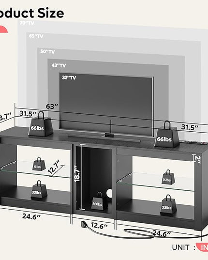 Bestier TV Stand for 70 inch TV with Power Outlets, LED Entertainment Center for PS5, Gaming TV Consoles with Glass Shelves for Living Room, 63'' Inch, Black Carbon Fiber - LeafyLoom