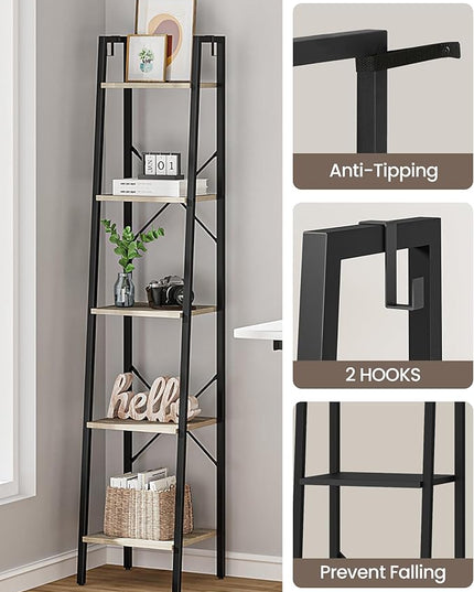 Ladder Shelf, Bookshelf Bookcase, Freestanding Corner Storage Shelve with 2 Hooks for Home Office, Living Room, Kitchen, Bedroom, Industrial, 5-Tier Greige BC03205B - LeafyLoom