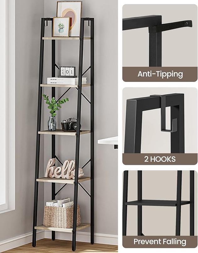 Ladder Shelf, Bookshelf Bookcase, Freestanding Corner Storage Shelve with 2 Hooks for Home Office, Living Room, Kitchen, Bedroom, Industrial, 5-Tier Greige BC03205B - LeafyLoom