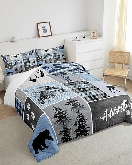 Manfei Deer Antler Comforter Set King Size,Bear Paws Rustic Farmhouse Xmas Bedding Set for Kids Boys Girls Adults Room Decor,Plaids Patchwork Adventure Down Comforter,Blue Duvet Insert,2 Pillowcases - LeafyLoom