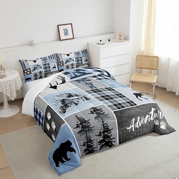 Manfei Deer Antler Comforter Set King Size,Bear Paws Rustic Farmhouse Xmas Bedding Set for Kids Boys Girls Adults Room Decor,Plaids Patchwork Adventure Down Comforter,Blue Duvet Insert,2 Pillowcases - LeafyLoom