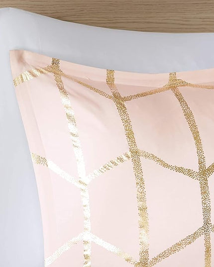 Intelligent Design Raina Comforter Microfiber Metallic Print Geometric Design Embroidered Toss Pillow Modern Trendy Casual All Season Bedding Set Matching Sham, Full/Queen, Blush/Gold 5 Piece - LeafyLoom