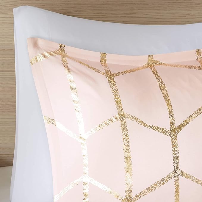 Intelligent Design Raina Comforter Microfiber Metallic Print Geometric Design Embroidered Toss Pillow Modern Trendy Casual All Season Bedding Set Matching Sham, Full/Queen, Blush/Gold 5 Piece - LeafyLoom