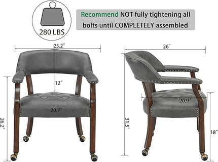 Dining Chairs with Casters and Arms, Large Rolling Dining Chairs with Wheels, Accent Wood Boss Caption's Chairs, 26" D x 25.2" W x 31.5" H, Cherry Legs & Dark Grey Fabric SY-1533-GY - LeafyLoom