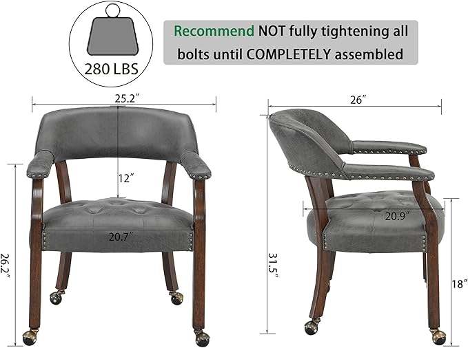 Dining Chairs with Casters and Arms, Large Rolling Dining Chairs with Wheels, Accent Wood Boss Caption's Chairs, 26" D x 25.2" W x 31.5" H, Cherry Legs & Dark Grey Fabric SY-1533-GY - LeafyLoom