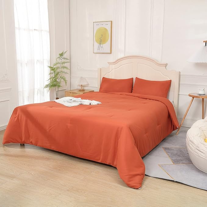 Terracotta Comforter King Size, Modern Burnt Orange Bedding Set, Cute Soft & Lightweight Chic Microfiber Bed Sets, 3 pcs-1 Comforter & 2 Pillowcases (104"x90") - LeafyLoom