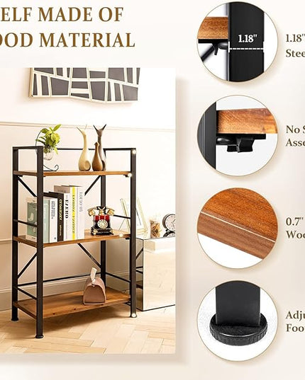 Rustic Bookshelf, 3 Tier Real Wood Bookshelf, Metal Book Shelf for Storage, Black Bookcase, 12.6" D x 23.62" W x 36.61" H - LeafyLoom