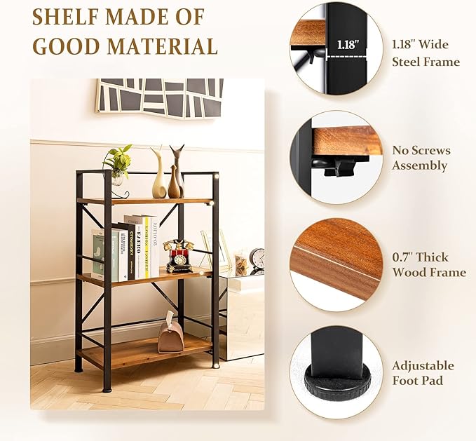 Rustic Bookshelf, 3 Tier Real Wood Bookshelf, Metal Book Shelf for Storage, Black Bookcase, 12.6" D x 23.62" W x 36.61" H - LeafyLoom