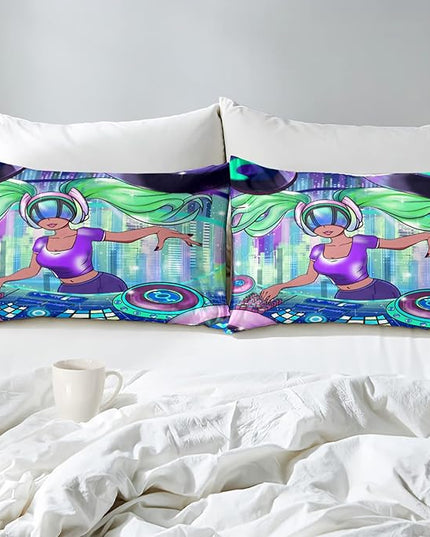African American Comforter Sets for Girls, Full Size Comforter Set for Girls with Cool DJ Girl Pattern Soft Microfiber 3 Piece Quilt Set Green Pretty Girl Bedding Comforter Set with 2 Pillowcases - LeafyLoom
