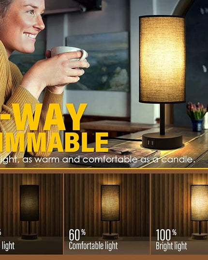 Yarra-Decor Bedside Lamp with USB Port - Touch Control Table Lamp for Bedroom 3 Way Dimmable Nightstand Lamp with Round Black Fabric Shade for Living Room, Dorm, Home Office (LED Bulb Included) - LeafyLoom