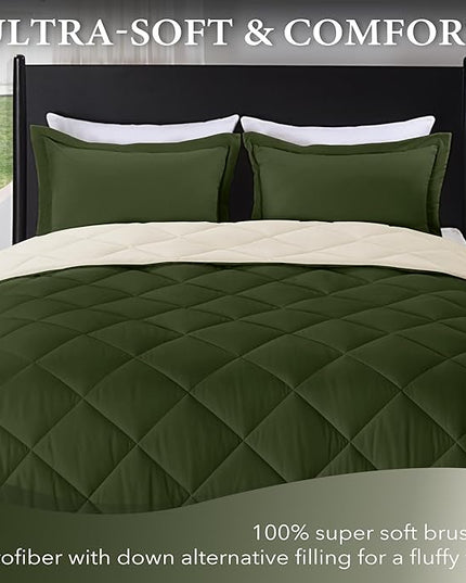 downluxe Queen Comforter Set, Lightweight Solid Down Alternative Reversible, 3-Piece Queen Size Comforter Set with 2 Reversible Pillow Shams (Lichen Green/White) - LeafyLoom