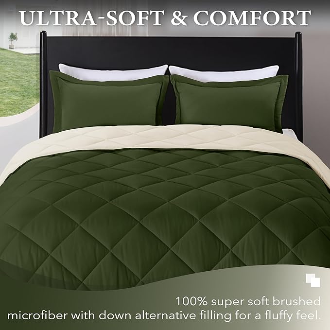 downluxe King Size Comforter Set - Lightweight Solid Down Alternative Reversible?3-Piece King Comforter Set with 2 Reversible Pillow Shams (Lichen Green/White) - LeafyLoom