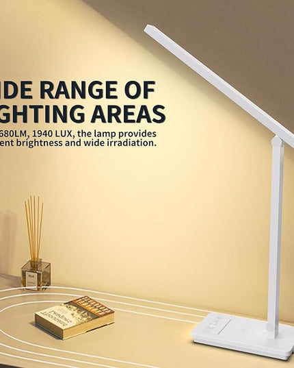 10 in 1 Smart Led Desk Lamp, Desk Table Lamp for Home Office, Eye-Caring Office Lamp with Night Lights, Lamp for Desk with 10W Wireless Charger, Dimmable Touch Lamp for Bedroom Reading Study Work - LeafyLoom