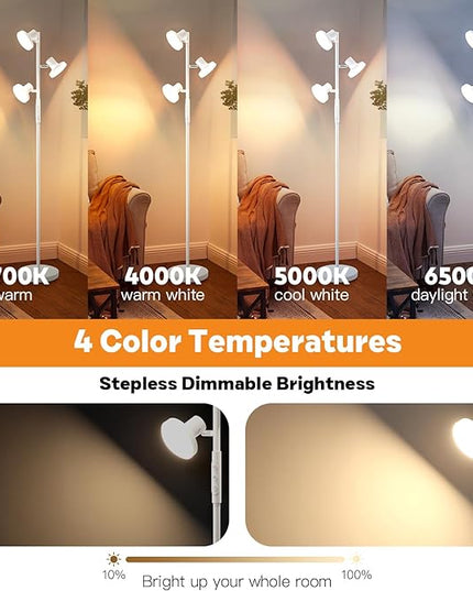 36W White Floor Lamp, Super Bright Tree Floor Lamp LED Standing Lamp with Remote Control, 4 Color Temperatures, 3 Rotatable LED Lights, Dimmable Floor Lamps for Living Room, Bedroom, Office - LeafyLoom