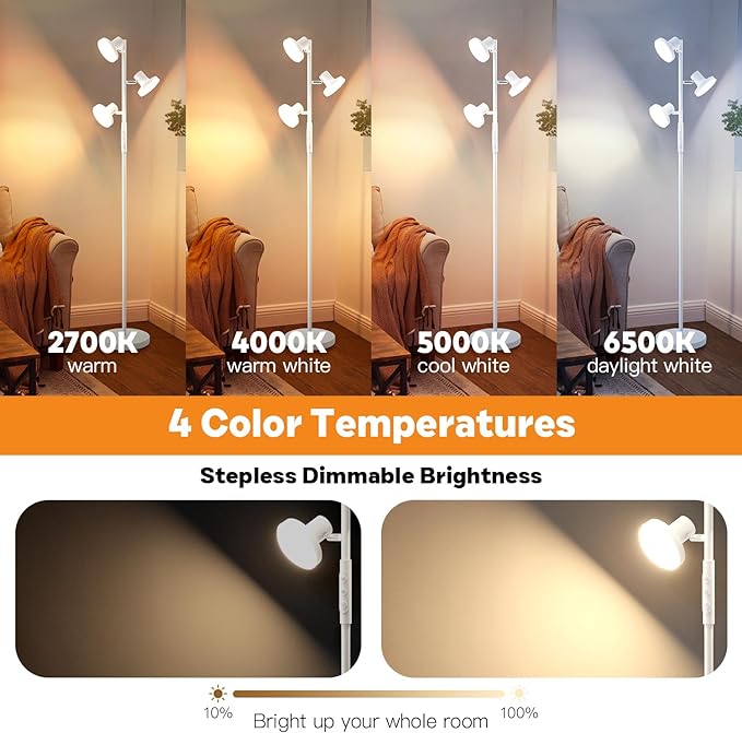 36W White Floor Lamp, Super Bright Tree Floor Lamp LED Standing Lamp with Remote Control, 4 Color Temperatures, 3 Rotatable LED Lights, Dimmable Floor Lamps for Living Room, Bedroom, Office - LeafyLoom