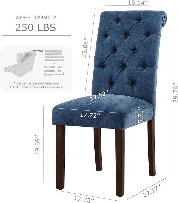COLAMY Button Tufted Dining Chairs Set of 4, Parsons Upholstered Fabric Dining Room Chairs Kitchen Chairs with Wood Legs and Padded Seat, Blue - LeafyLoom