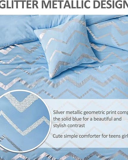 Blue/Silver Comforter Set Twin, Metallic Print Glitter Bedding Set Cute Shinny Bed Sets for Teen Girls Kids Women, 3 Piece (1 Pillowcase, 1 Decorative Pillow Sham) - LeafyLoom