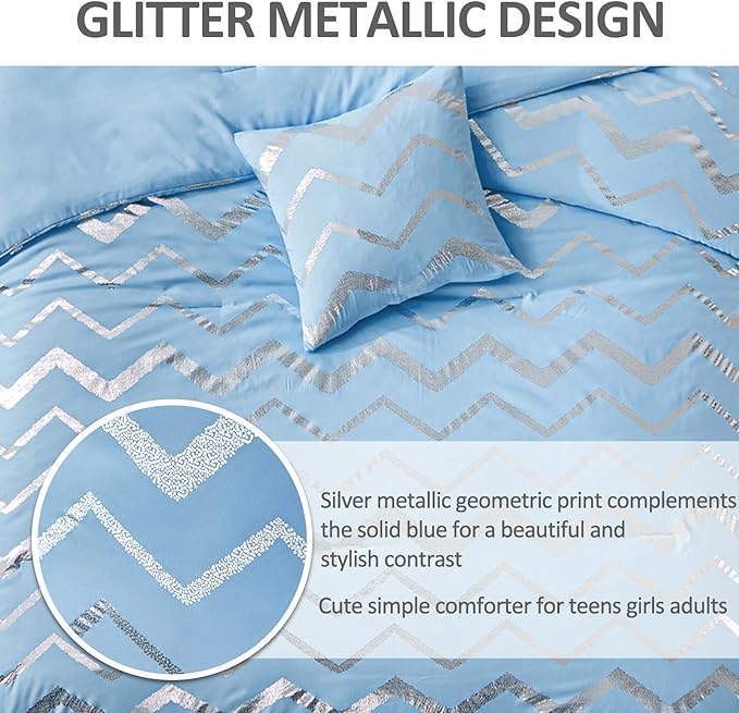 King Comforter Set Blue/Silver Metallic Print Glitter Bedding Set Cute Shinny Bed Sets for Teen Girls Kids Women, 4 Piece (2 Pillowcases, 1 Decorative Pillow Sham) - LeafyLoom
