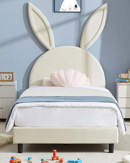 VECELO Kids Twin Size Platform bed Frame with Upholstered Headboard, Princess Beds for Girls, 12 Wooden Slats Support, No Boxing Spring Needed,Beige - LeafyLoom