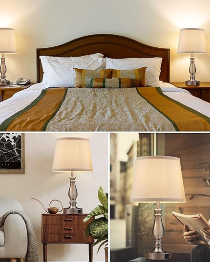Lamps for Bedrooms Set of 2, Brushed Nickel Bedside Lamps with USB Ports, 3 Way Dimmable Nightstand Lamps with Fabric Lampshade, Touch Table Lamp for Living Room Bedroom Office, Bulbs Included - LeafyLoom