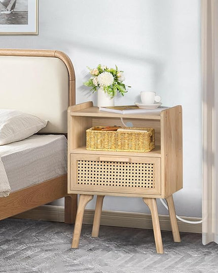 Lerliuo Rattan Nightstands Set of 2 with Charging Station, Boho Side Table with Drawer Open Shelf, Cane Accent Bedside End Table with Solid Wood Legs for Bedroom, Dorm and Small Spaces (Natural) - LeafyLoom
