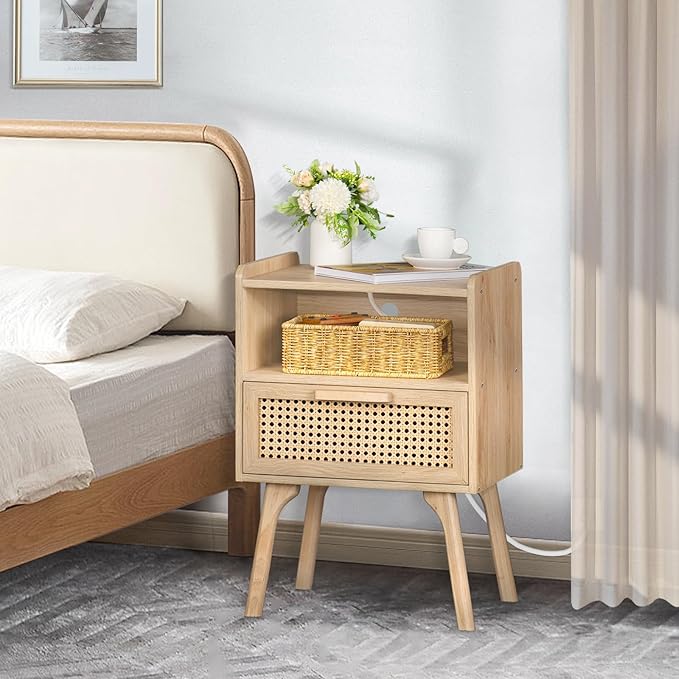Lerliuo Rattan Nightstands Set of 2 with Charging Station, Boho Side Table with Drawer Open Shelf, Cane Accent Bedside End Table with Solid Wood Legs for Bedroom, Dorm and Small Spaces (Natural) - LeafyLoom