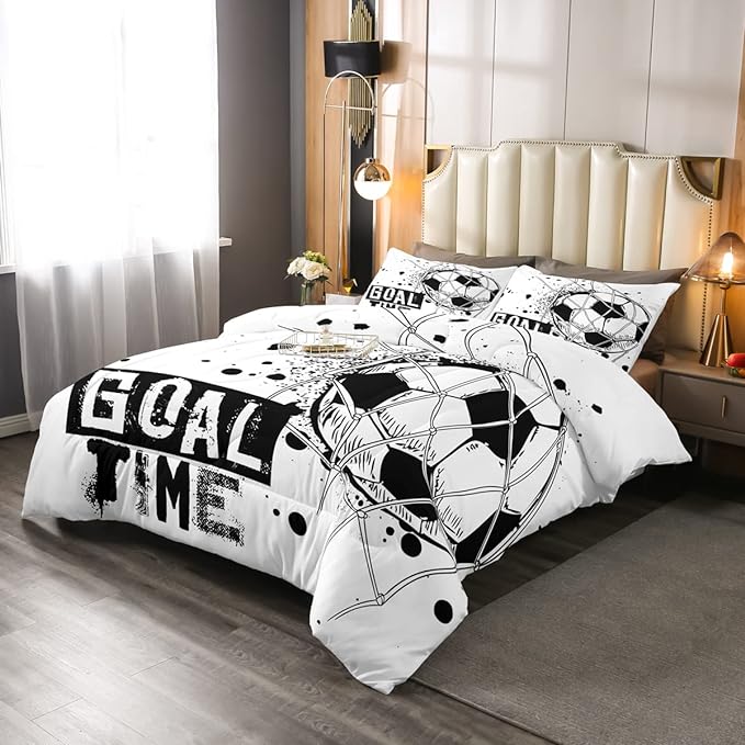 Erosebridal Kids Football Comforter Set Full Size American Soccer Bedding Set Sports Games Duvet Sets for Boys Girls Children Teens Geometric Polygon Down Comforter for Bedroom, Black White - LeafyLoom