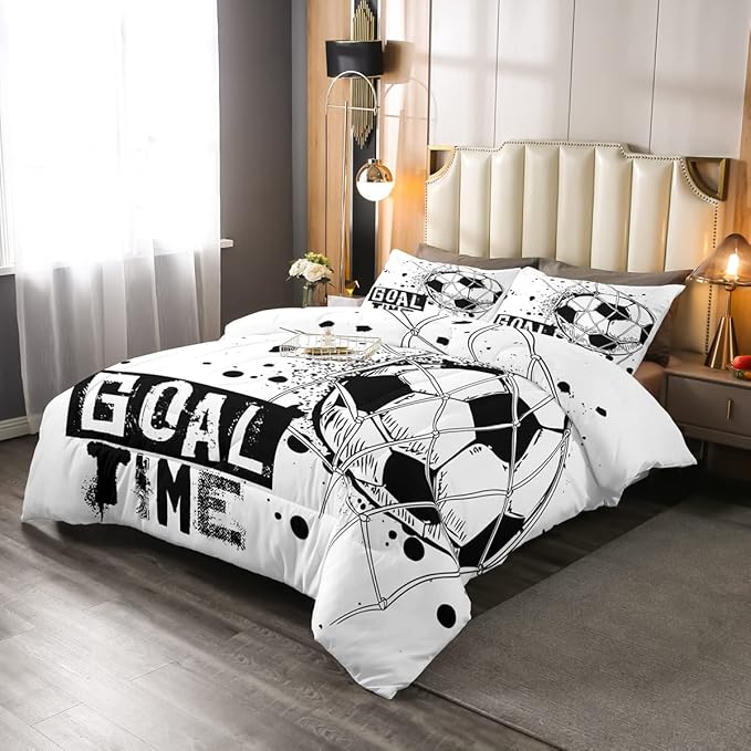 Erosebridal Kids Football Comforter Set Twin Size American Soccer Bedding Set Sports Games Duvet Sets for Boys Girls Children Teens Geometric Polygon Down Comforter for Bedroom, Black White - LeafyLoom