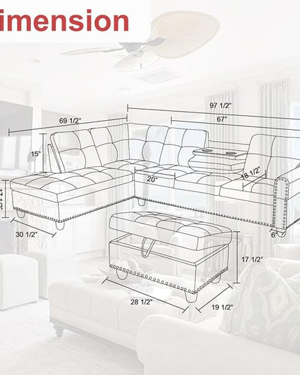 Leather L Shaped Sectional Ottoman Modern Nail-Head Comfy Lounge Modular Sofa with Cup Holder & Chaise for Living Room, Bedroom, Office, L Couch Red - LeafyLoom