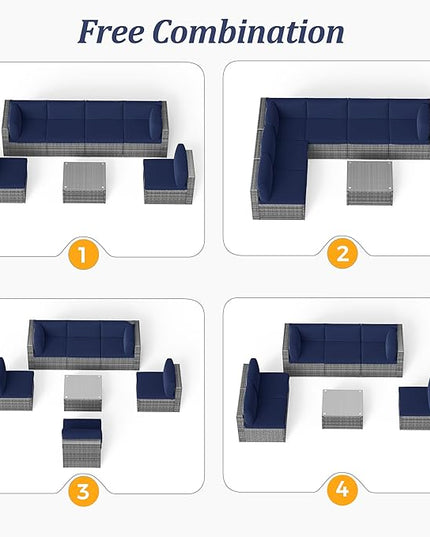 SUNVIVI OUTDOOR 7 Piece Patio Furniture Sets All Weather Grey PE Wicker Couch Sofa with Glass Table, Removable Navy Blue Cushions - LeafyLoom