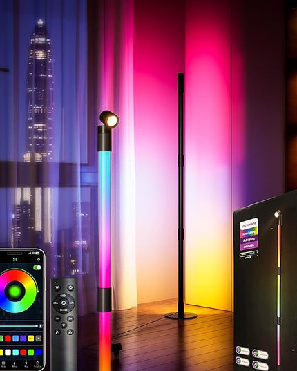 RGB+IC Floor Lamp, Smart LED Corner Lamp with Music Sync and 16 Million DIY Colors, App & Remote Control, 360° Rotating Standing Floor Lamp with Spotlight for Bedroom Living Room - LeafyLoom