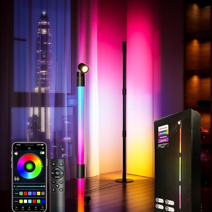 RGB+IC Floor Lamp, Smart LED Corner Lamp with Music Sync and 16 Million DIY Colors, App & Remote Control, 360° Rotating Standing Floor Lamp with Spotlight for Bedroom Living Room - LeafyLoom