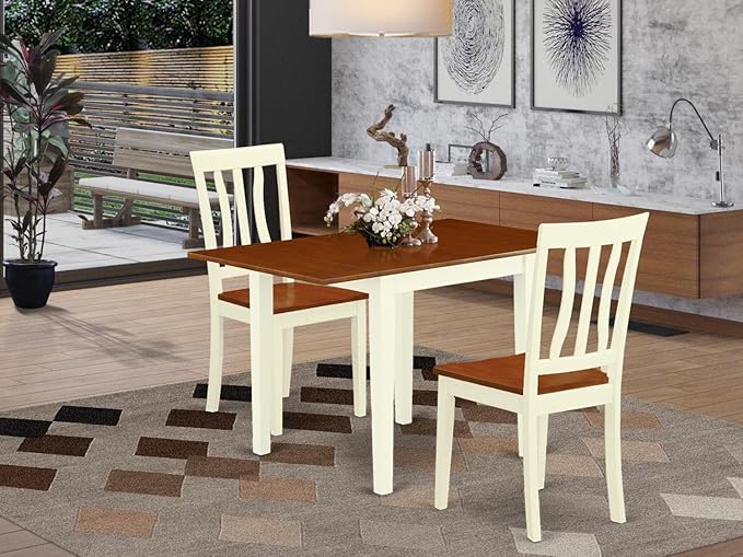 East West Furniture NDAN3-WHI-W Norden 3 Piece Dinette Set for Small Spaces Contains a Rectangle Table with Dropleaf and 2 Dining Room Chairs, 30x48 Inch, Buttermilk & Cherry - LeafyLoom