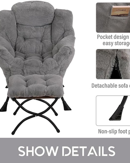 LITA Lazy Chair with Ottoman, Modern Accent Leisure Upholstered Sofa Chair, Contemporary Lounge Reading Chair with Armrests and a Side Pocket for Living Room, Bedroom & Small Space, Plush Grey - LeafyLoom