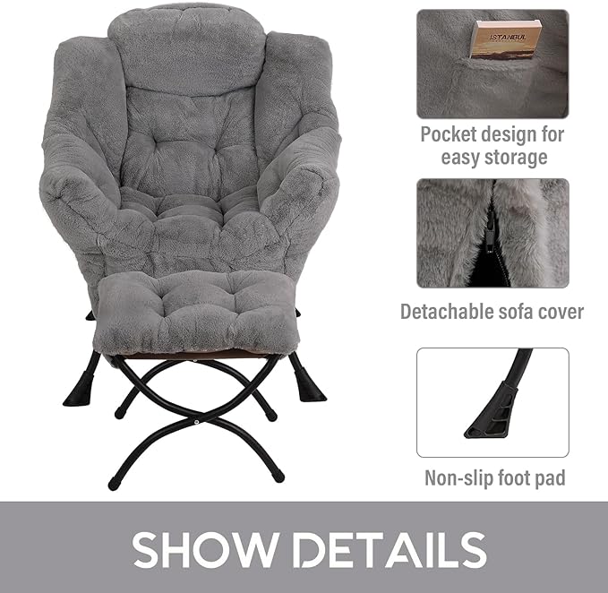 LITA Lazy Chair with Ottoman, Modern Accent Leisure Upholstered Sofa Chair, Contemporary Lounge Reading Chair with Armrests and a Side Pocket for Living Room, Bedroom & Small Space, Plush Grey - LeafyLoom