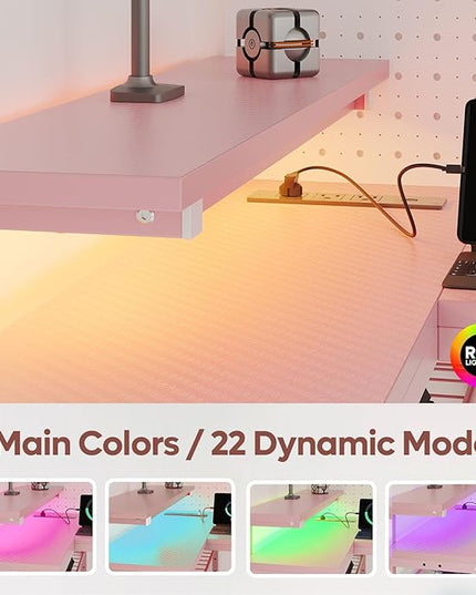 Bestier 52" Gaming Desk with Integrated Power Outlet & USB Ports, L-Shaped Computer Desk with LED Strip & Headphone Hooks, Perfect for Home Office Pink - LeafyLoom